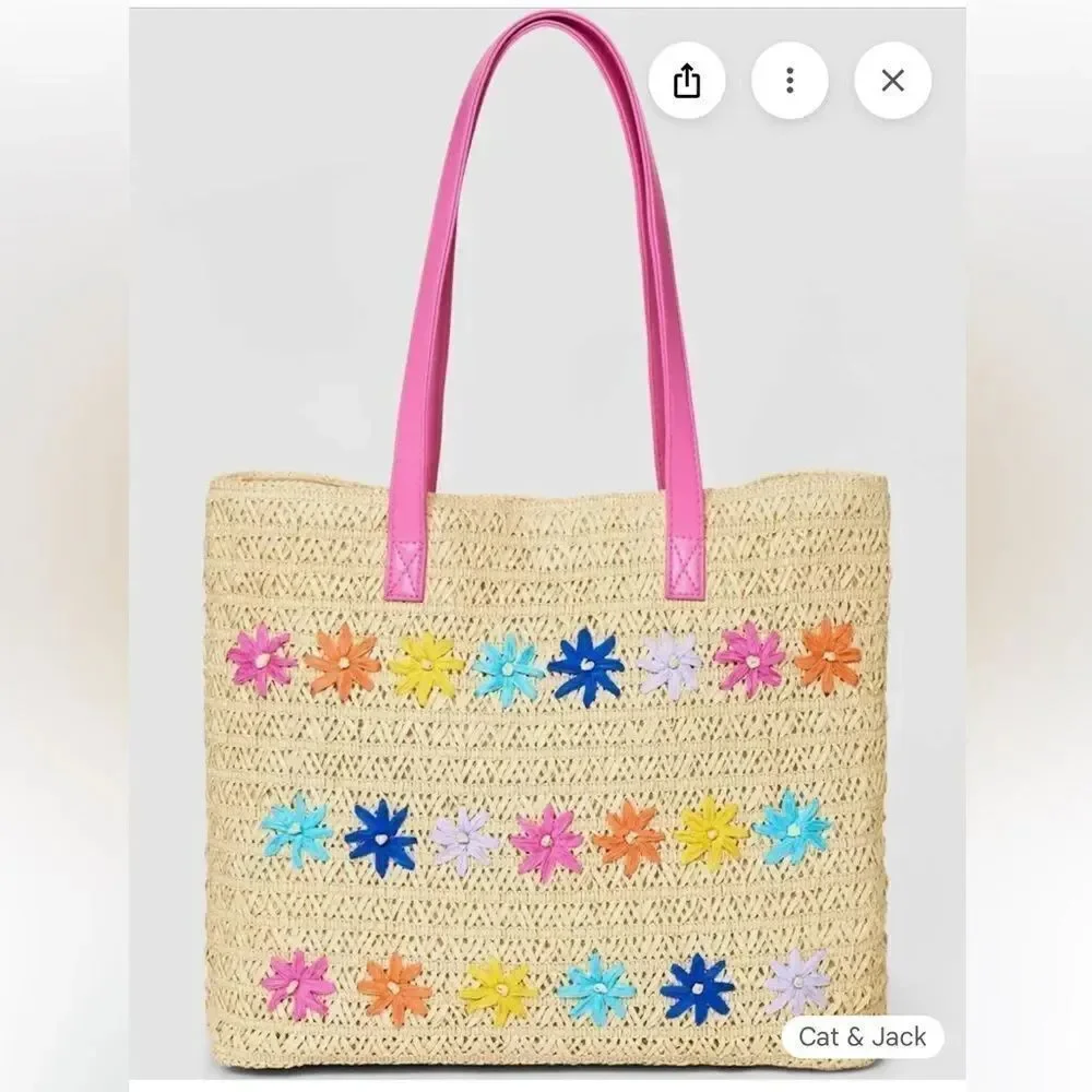 Cat & Jack Paper Straw Flower Embroidery Tote Bag
